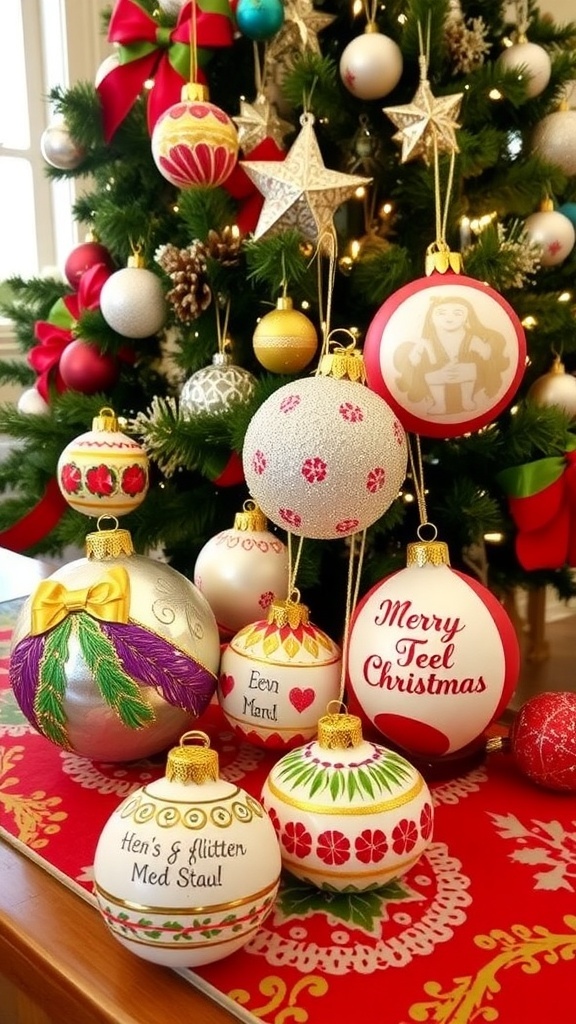 Colorful DIY 6-inch Christmas ornaments with various designs, displayed on a table with a Christmas tree in the background.